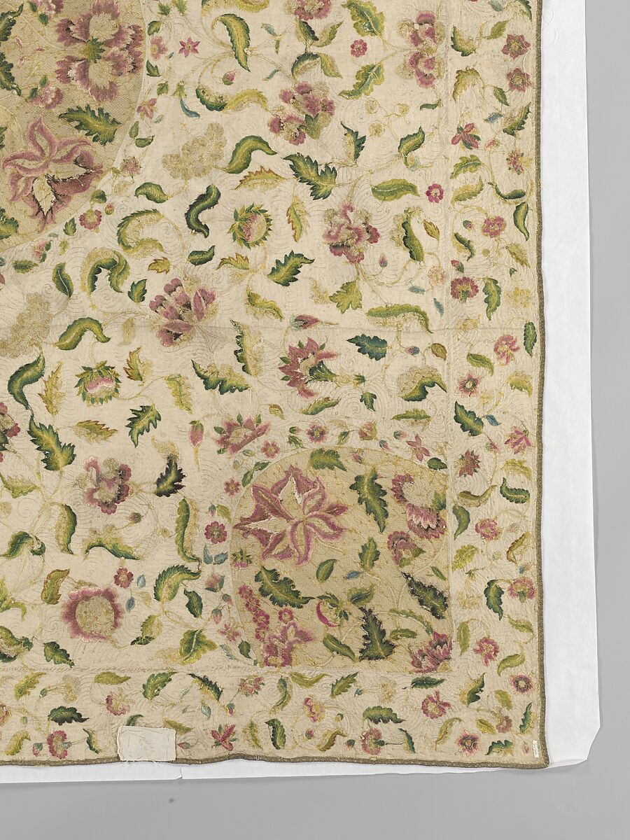 Bedcover, Silk and metal-wrapped thread on linen, British
