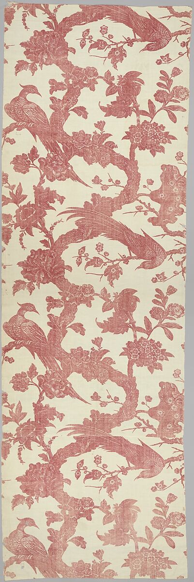 Piece with pheasants and exotic flowers, Bromley Hall Printworks (Middlesex, England, 1694–1823), Fustian, copperplate printed, British, Bromley Hall, Middlesex 