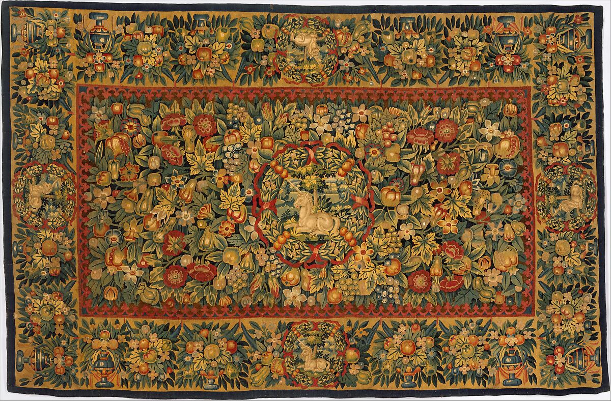 Table carpet with unicorns, Wool, silk (14-16 warps per inch, 6 per cm.), Dutch