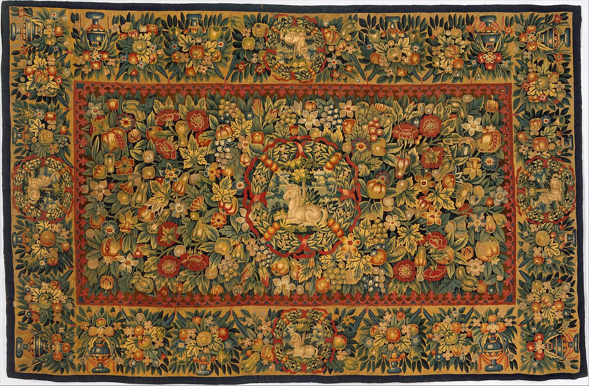 Table carpet with unicorns, Wool, silk (14-16 warps per inch, 6 per cm.), Dutch 