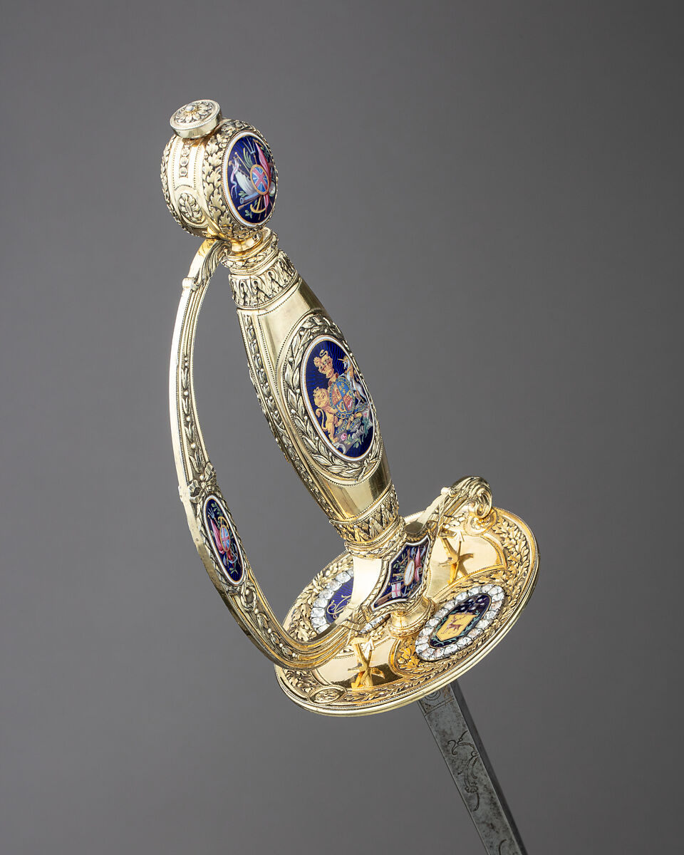 Presentation Smallsword with Scabbard, James Morisset (British, London 1738–1815), Silver, enamel, steel, paste brilliants, wood, fish skin, British, London