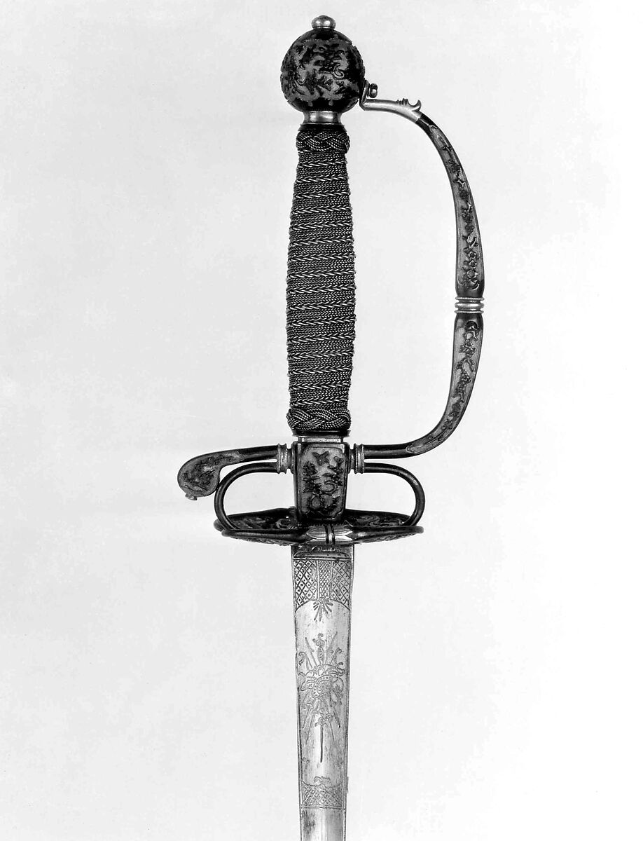 Smallsword Hilt and Blade, Steel, copper-gold alloy (shakudō), gold, hilt, Japanese, possibly Dejima; blade, European 