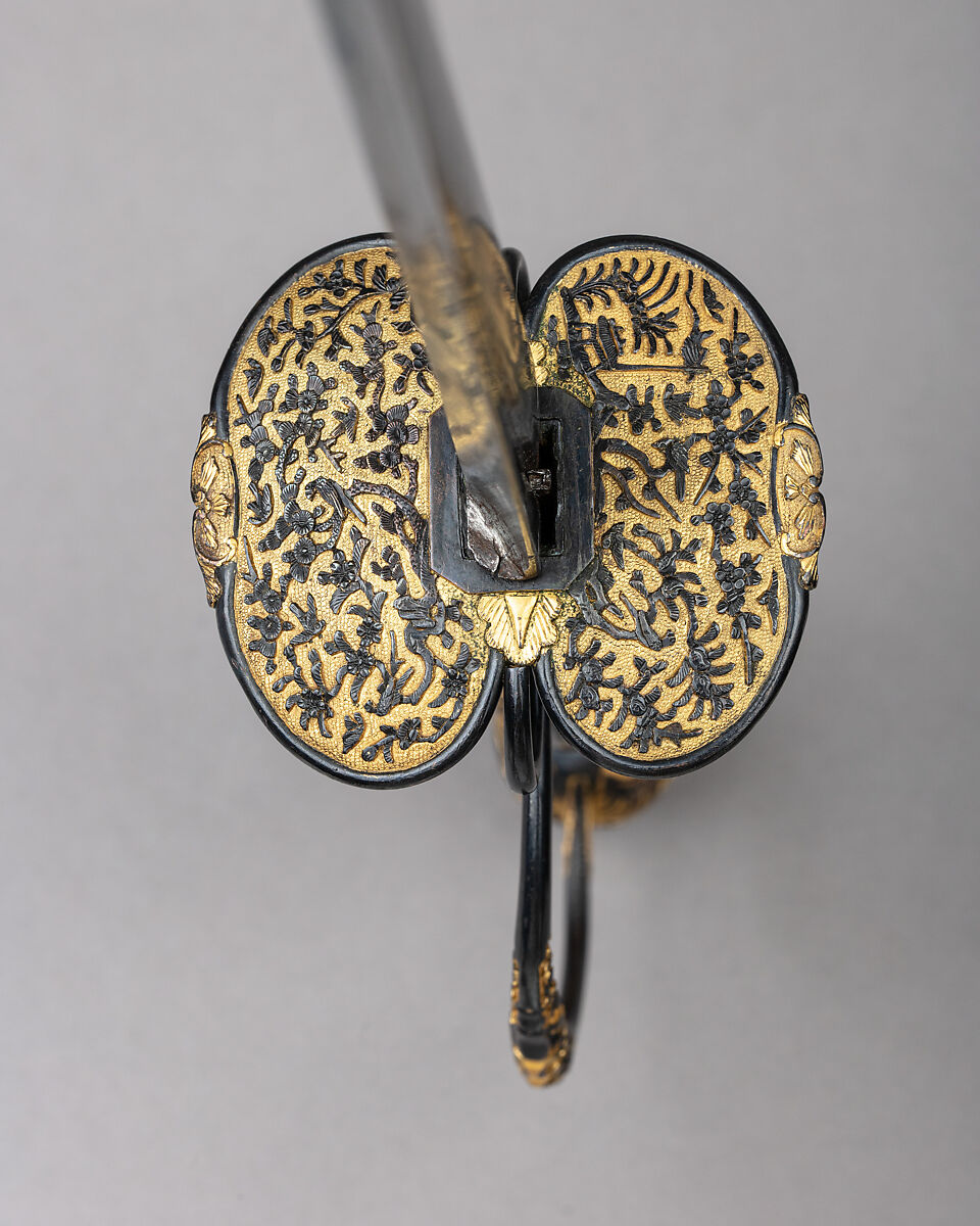 Smallsword with Scabbard, Copper-gold alloy (shakudō), gold, steel, wood, leather, textile, Japanese, possibly Dejima, for the Western market