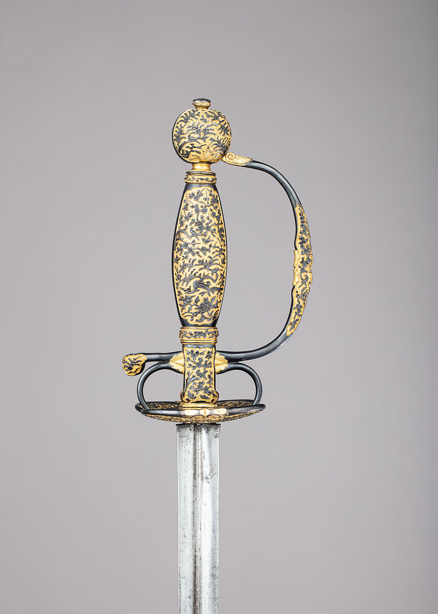 Smallsword with Scabbard, Copper-gold alloy (shakudō), gold, steel, wood, leather, textile, Japanese, possibly Dejima, for the Western market