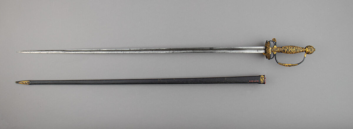 Smallsword with Scabbard, Copper-gold alloy (shakudō), gold, steel, wood, leather, textile, Japanese, possibly Dejima, for the Western market