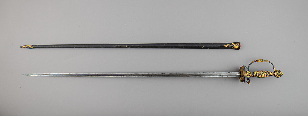 Smallsword with Scabbard, Copper-gold alloy (shakudō), gold, steel, wood, leather, textile, Japanese, possibly Dejima, for the Western market