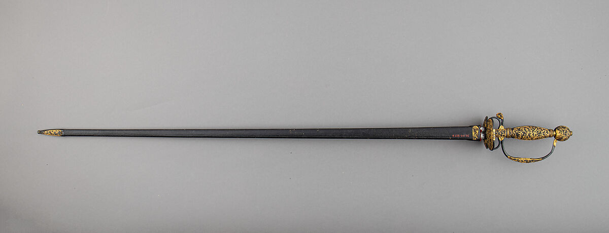 Smallsword with Scabbard, Copper-gold alloy (shakudō), gold, steel, wood, leather, textile, Japanese, possibly Dejima, for the Western market