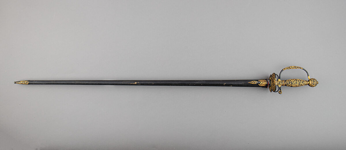 Smallsword with Scabbard, Copper-gold alloy (shakudō), gold, steel, wood, leather, textile, Japanese, possibly Dejima, for the Western market