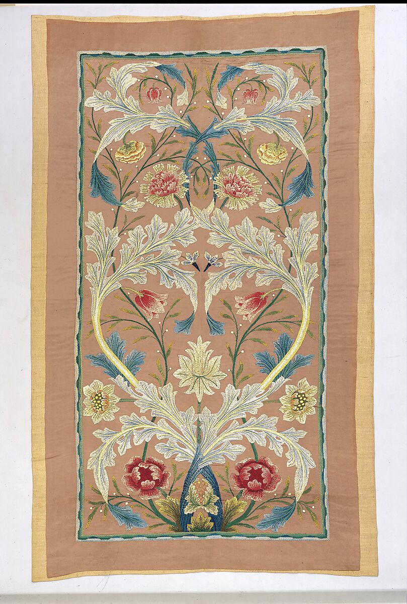 Panel of floral embroidery, William Morris  British, Silk on silk; linen backing, British