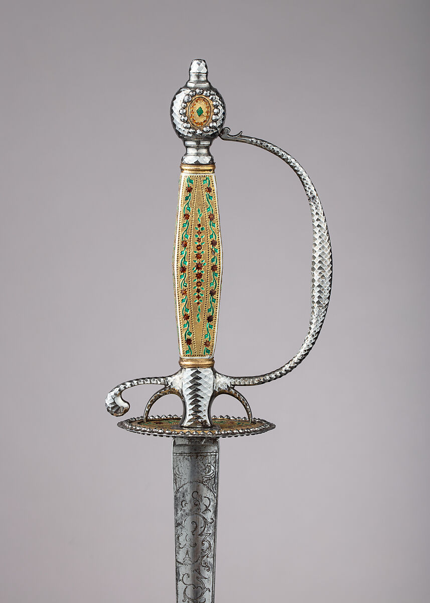 Smallsword, Steel, enamel, gold, textile, French or British