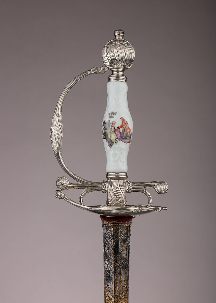 Smallsword, Jan Nieuwland (Dutch, Amsterdam, active 1747–1807), Silver, porcelain (Meissen), steel, gold, textile, Dutch, Amsterdam