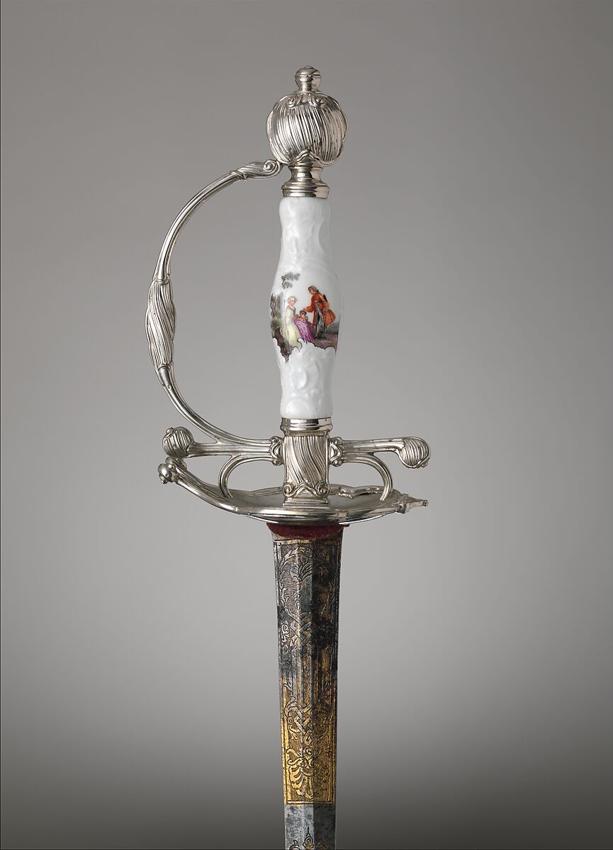 Smallsword, Jan Nieuwland (Dutch, Amsterdam, active 1747–1807), Silver, porcelain (Meissen), steel, gold, textile, Dutch, Amsterdam 