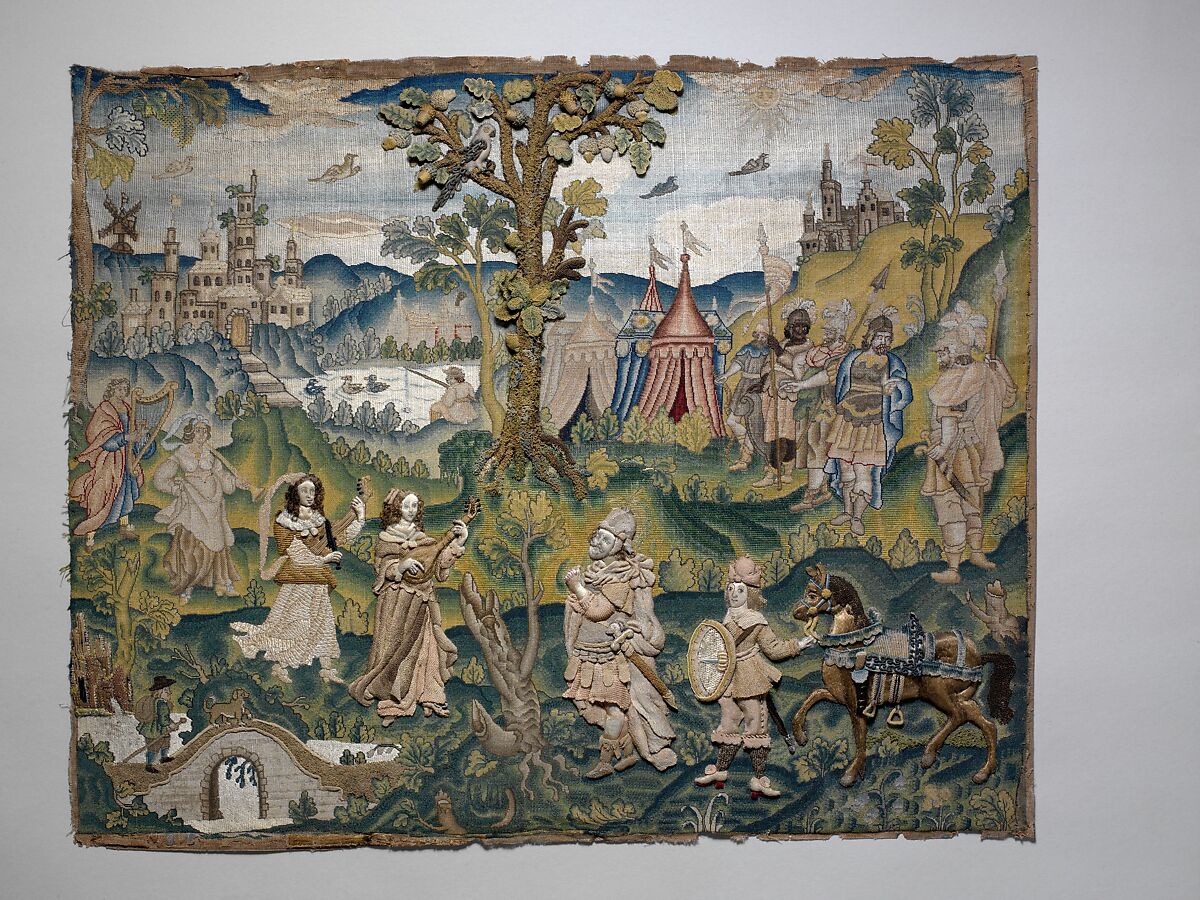 Return of Jephthah, Canvas worked with silk and metal thread; tent, Gobelin, satin, split, stem, knotted, straight, Ceylon, couching, and detached buttonhole stitch variations, British