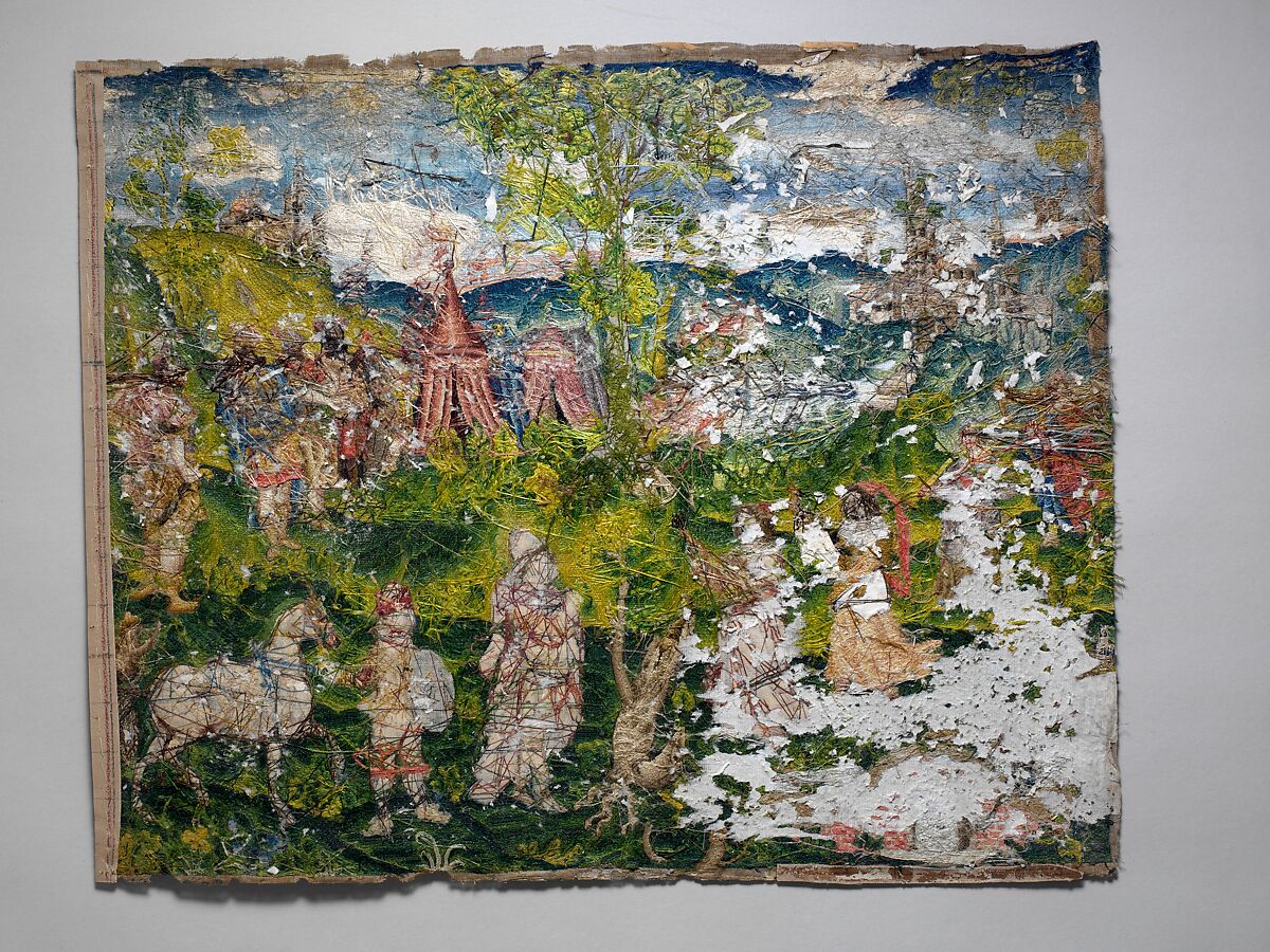 Return of Jephthah, Canvas worked with silk and metal thread; tent, Gobelin, satin, split, stem, knotted, straight, Ceylon, couching, and detached buttonhole stitch variations, British