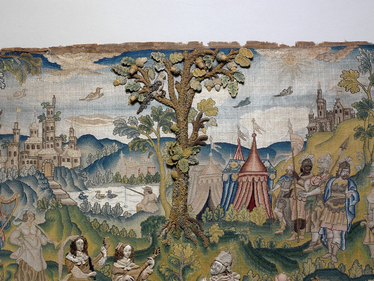 Return of Jephthah, Canvas worked with silk and metal thread; tent, Gobelin, satin, split, stem, knotted, straight, Ceylon, couching, and detached buttonhole stitch variations, British