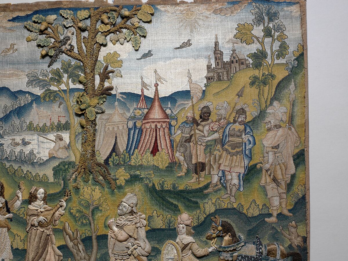 Return of Jephthah, Canvas worked with silk and metal thread; tent, Gobelin, satin, split, stem, knotted, straight, Ceylon, couching, and detached buttonhole stitch variations, British