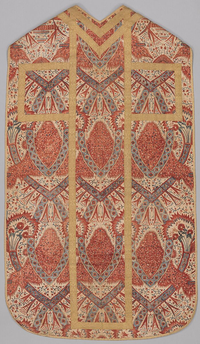 Chasuble, Cotton, drawn and painted resist and mordant, dyed, silk trim, Indian, Coromandel Coast and Central European, for European market 
