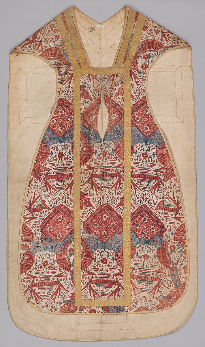 Chasuble, Cotton, drawn and painted resist and mordant, dyed, silk trim, Indian, Coromandel Coast and Central European, for European market