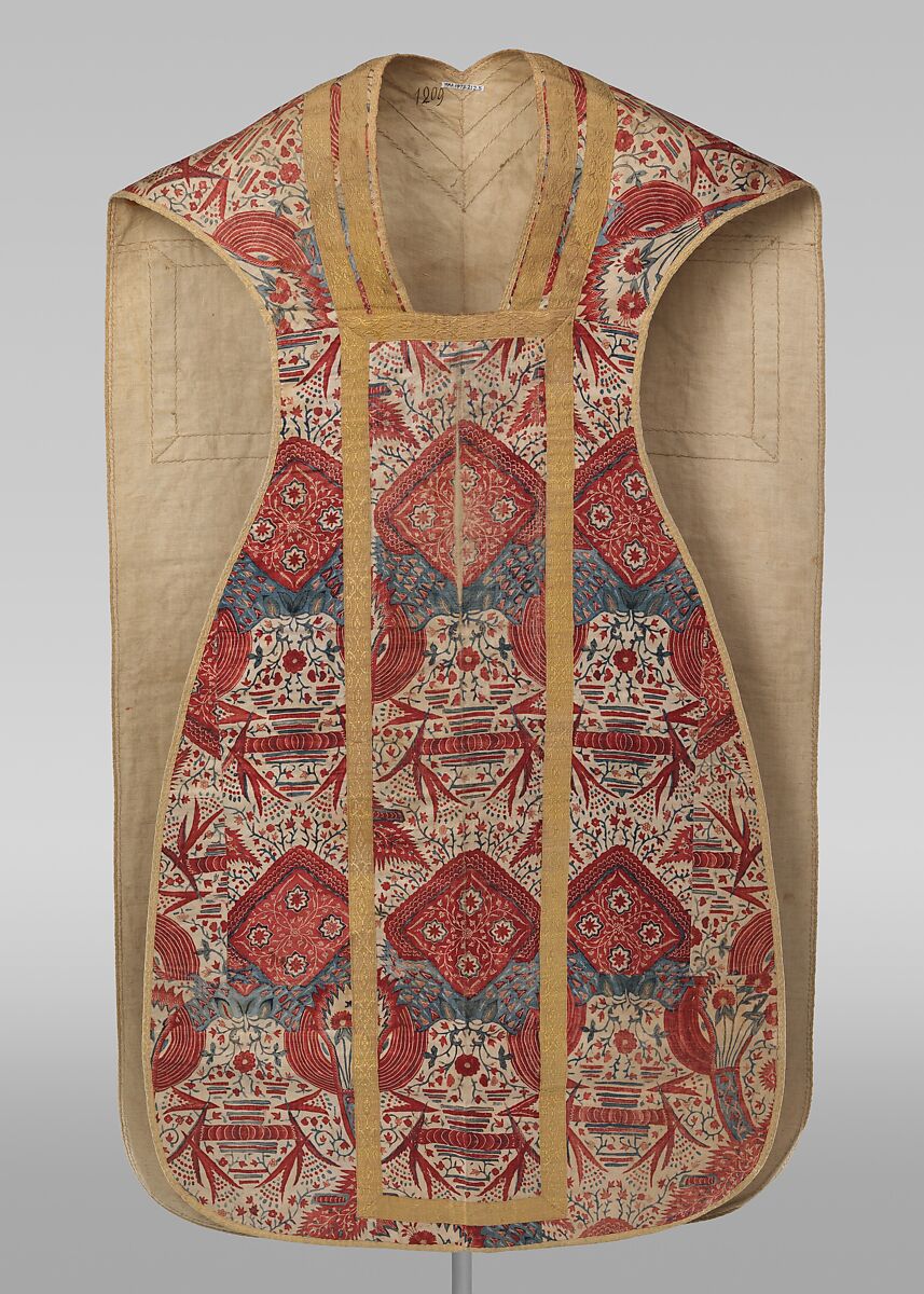 Chasuble, Cotton, drawn and painted resist and mordant, dyed, silk trim, Indian, Coromandel Coast and Central European, for European market