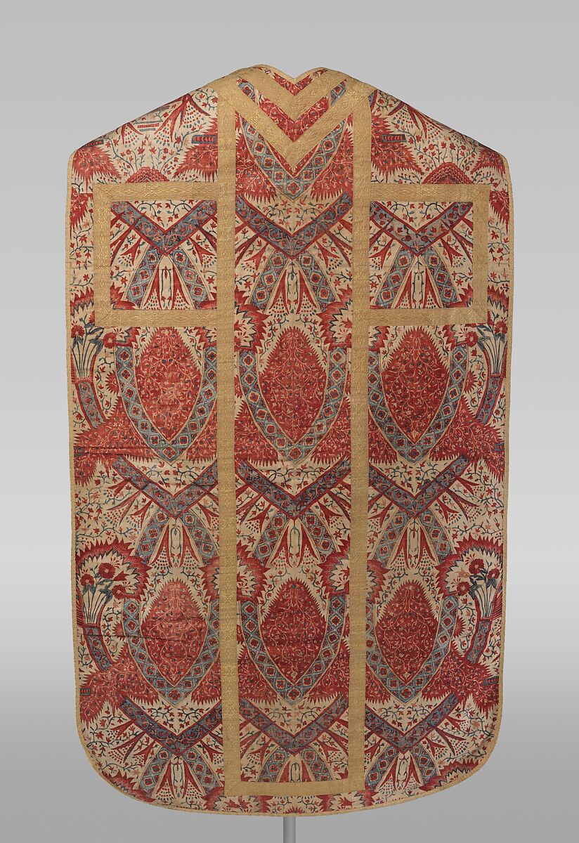 Chasuble, Cotton, drawn and painted resist and mordant, dyed, silk trim, Indian, Coromandel Coast and Central European, for European market