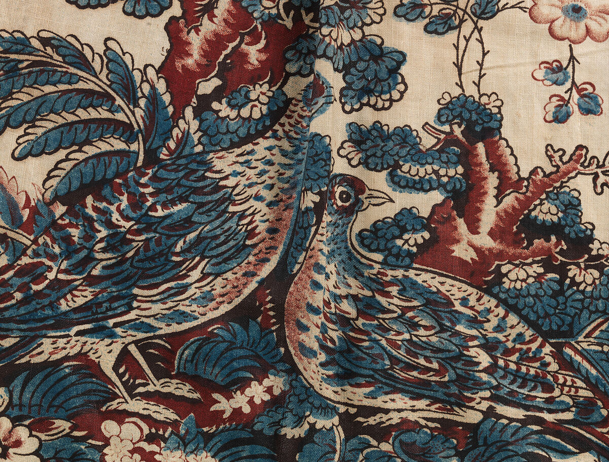 Section of bedskirt printed with game birds, Cotton, British or American