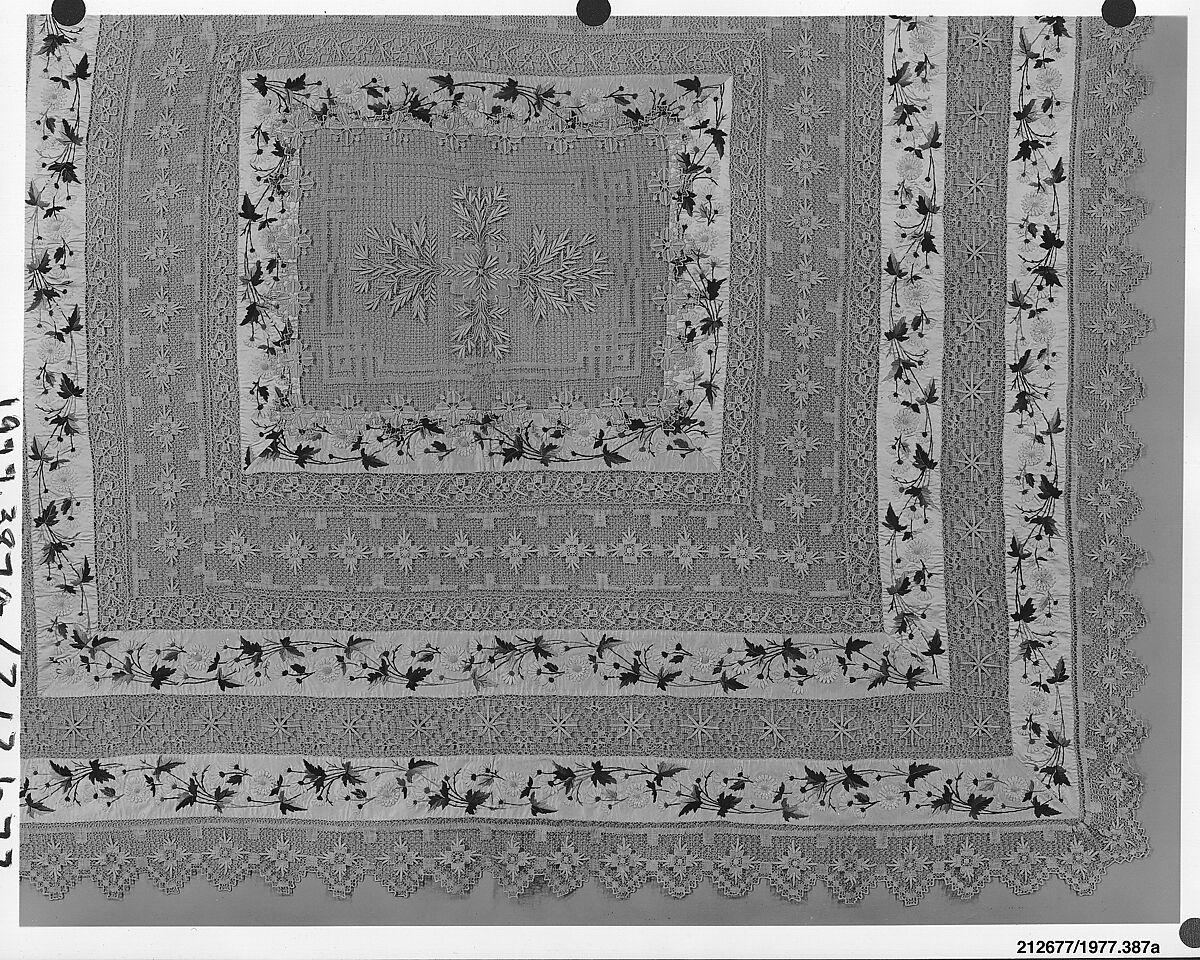 Coverlet and two matching bolster covers, Linen, silk and wool, probably British