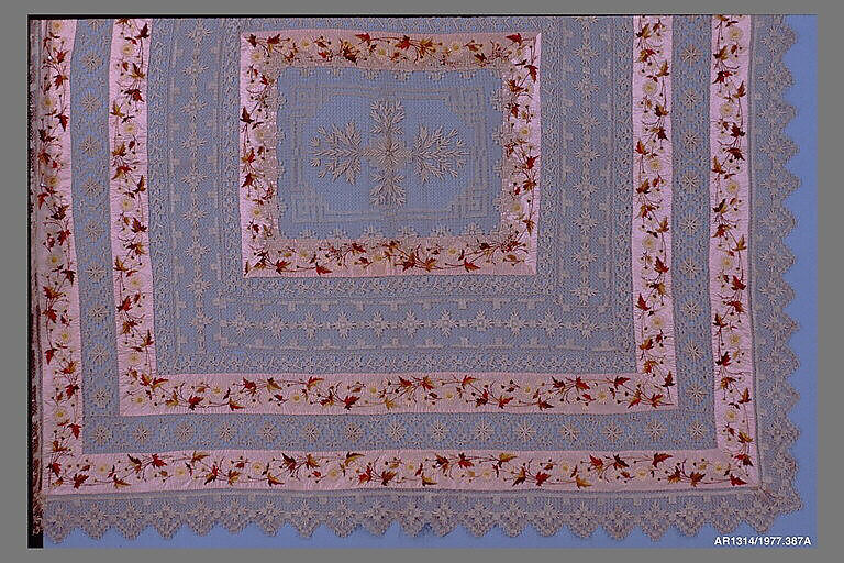 Coverlet and two matching bolster covers, Linen, silk and wool, probably British