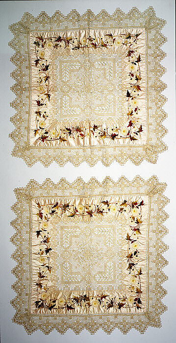 Coverlet and two matching bolster covers, Linen, silk and wool, probably British