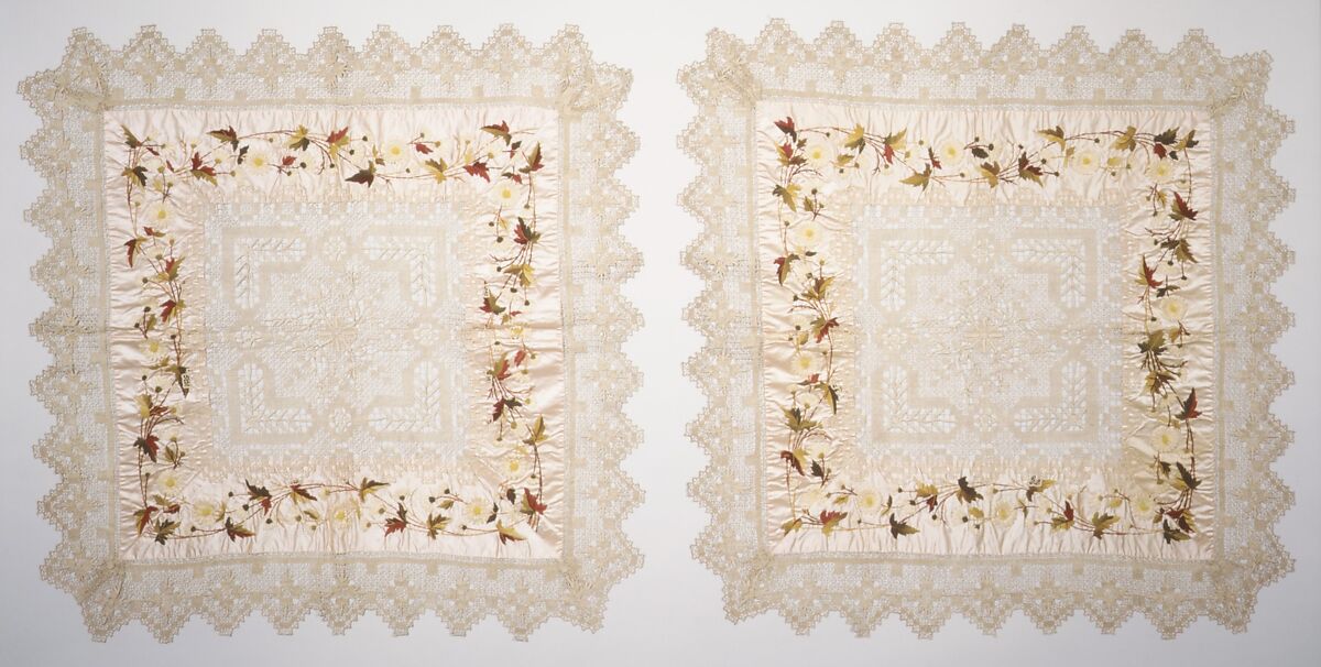 Coverlet and two matching bolster covers, Linen, silk and wool, probably British