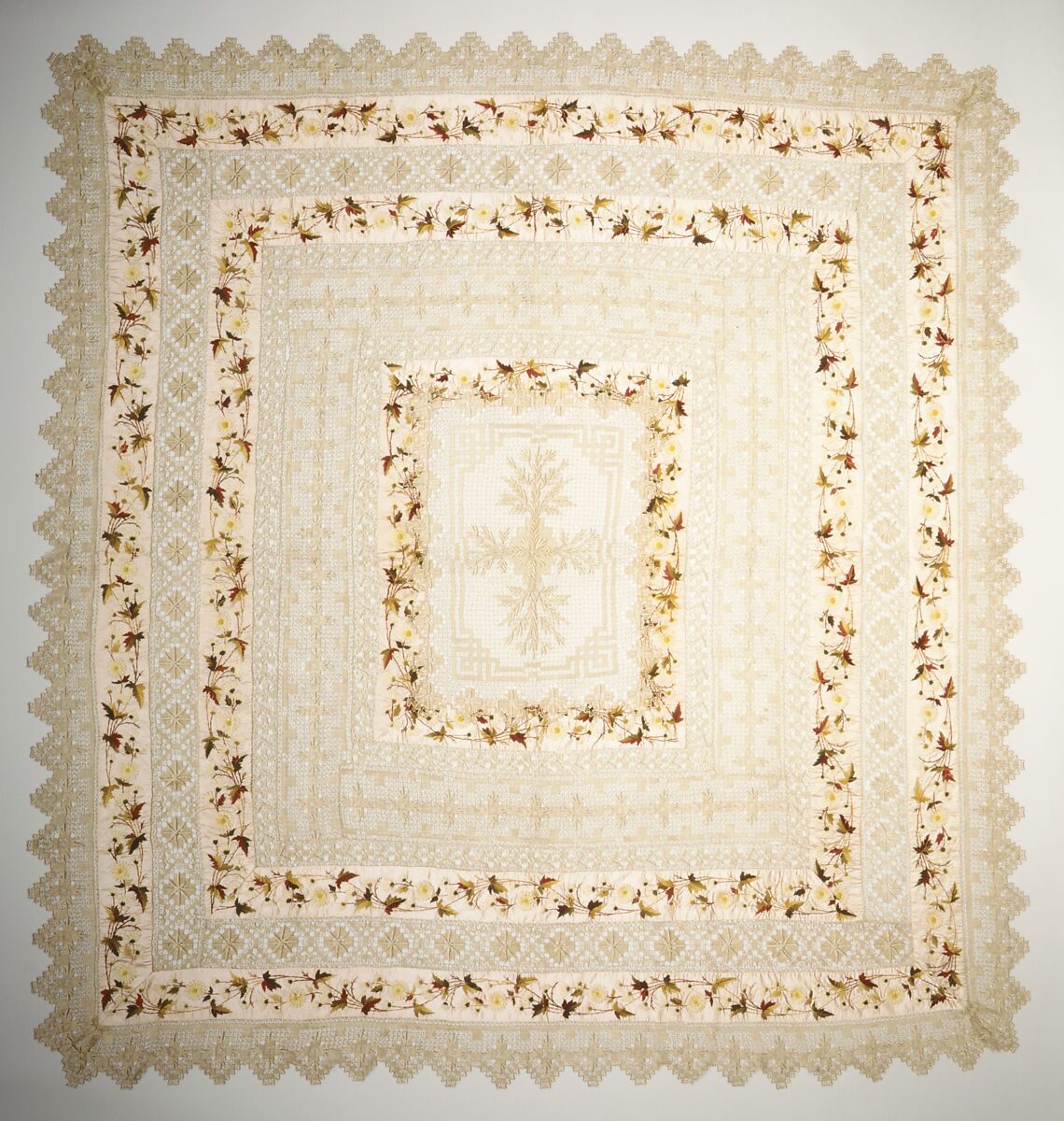 Coverlet and two matching bolster covers, Linen, silk and wool, probably British