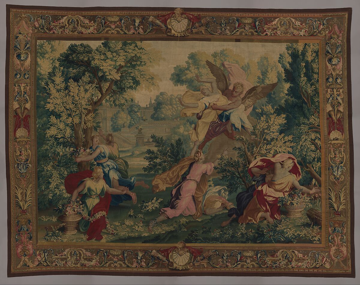 Boreas and Orithyia from a set of scenes from Ovid's Metamorphoses, René Antoine Houasse (French, Paris 1645–1710 Paris), Wool, silk, metal thread (19-22 warps per inch, 7-9 per cm.), French, Beauvais 