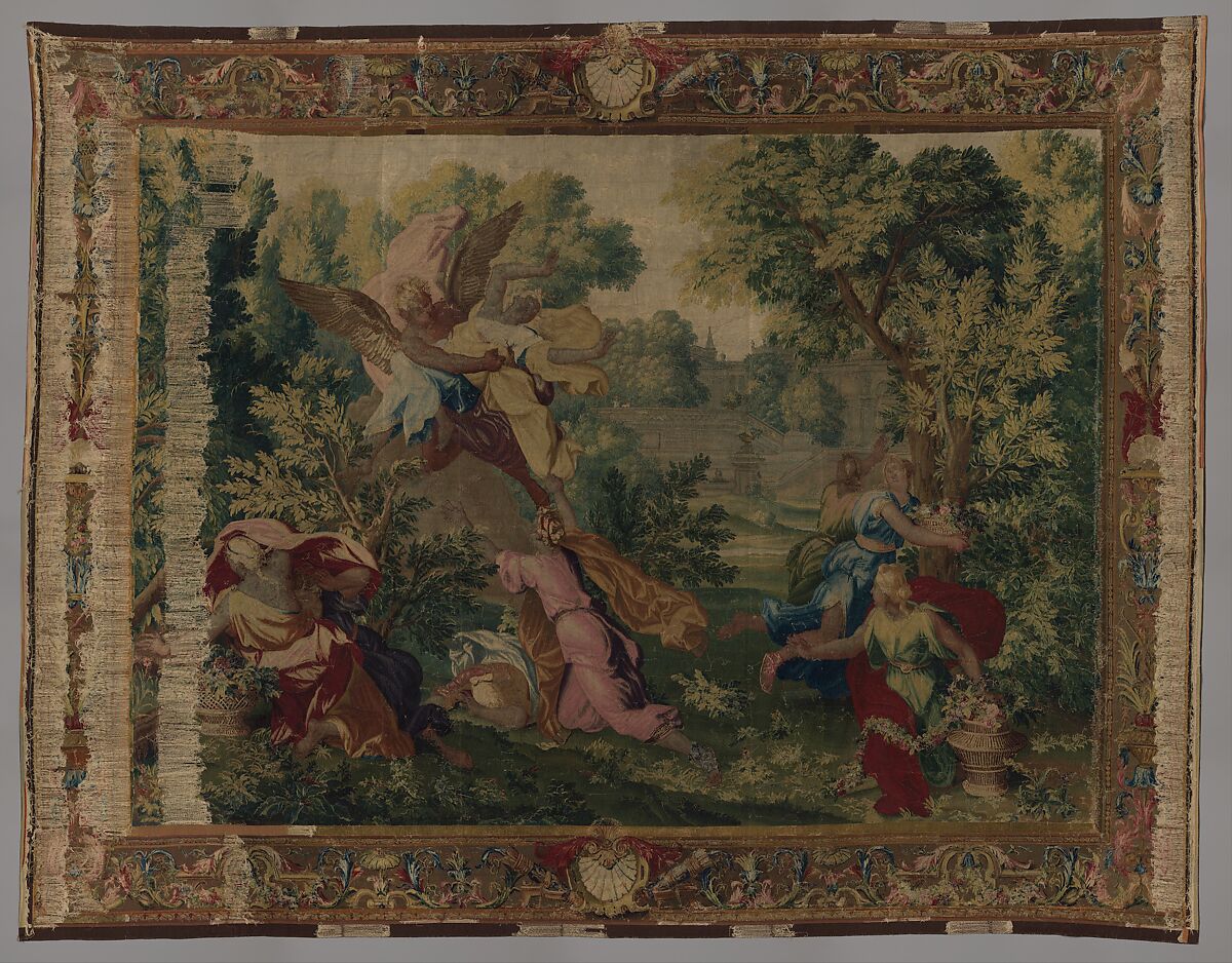 Boreas and Orithyia from a set of scenes from Ovid's Metamorphoses, René Antoine Houasse (French, Paris 1645–1710 Paris), Wool, silk, metal thread (19-22 warps per inch, 7-9 per cm.), French, Beauvais