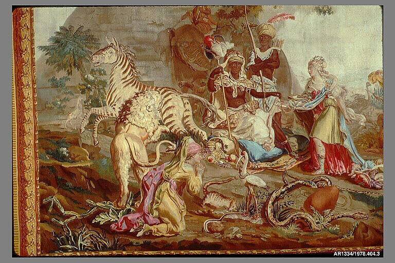 Africa from a set of The Four Continents, Jean Jacques François Le Barbier (French, Rouen 1738–1826 Paris), Wool, silk (19-21 warps per inch, 8 per cm.), French, Beauvais