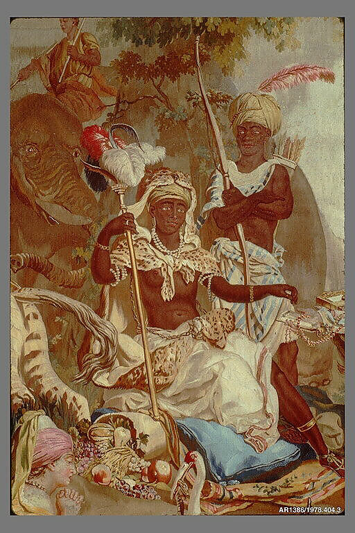 Africa from a set of The Four Continents, Jean Jacques François Le Barbier (French, Rouen 1738–1826 Paris), Wool, silk (19-21 warps per inch, 8 per cm.), French, Beauvais