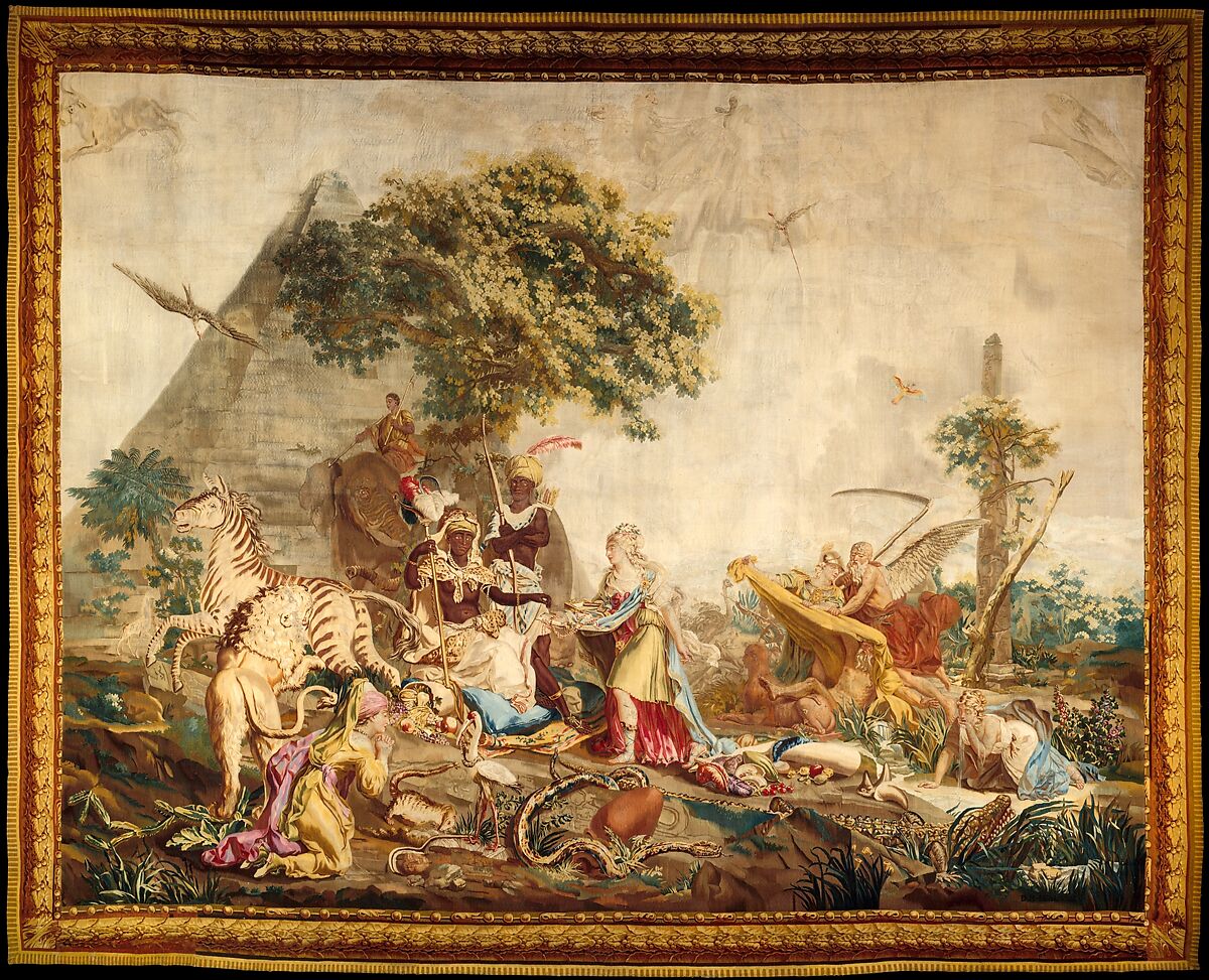 Africa from a set of The Four Continents, Jean Jacques François Le Barbier (French, Rouen 1738–1826 Paris), Wool, silk (19-21 warps per inch, 8 per cm.), French, Beauvais