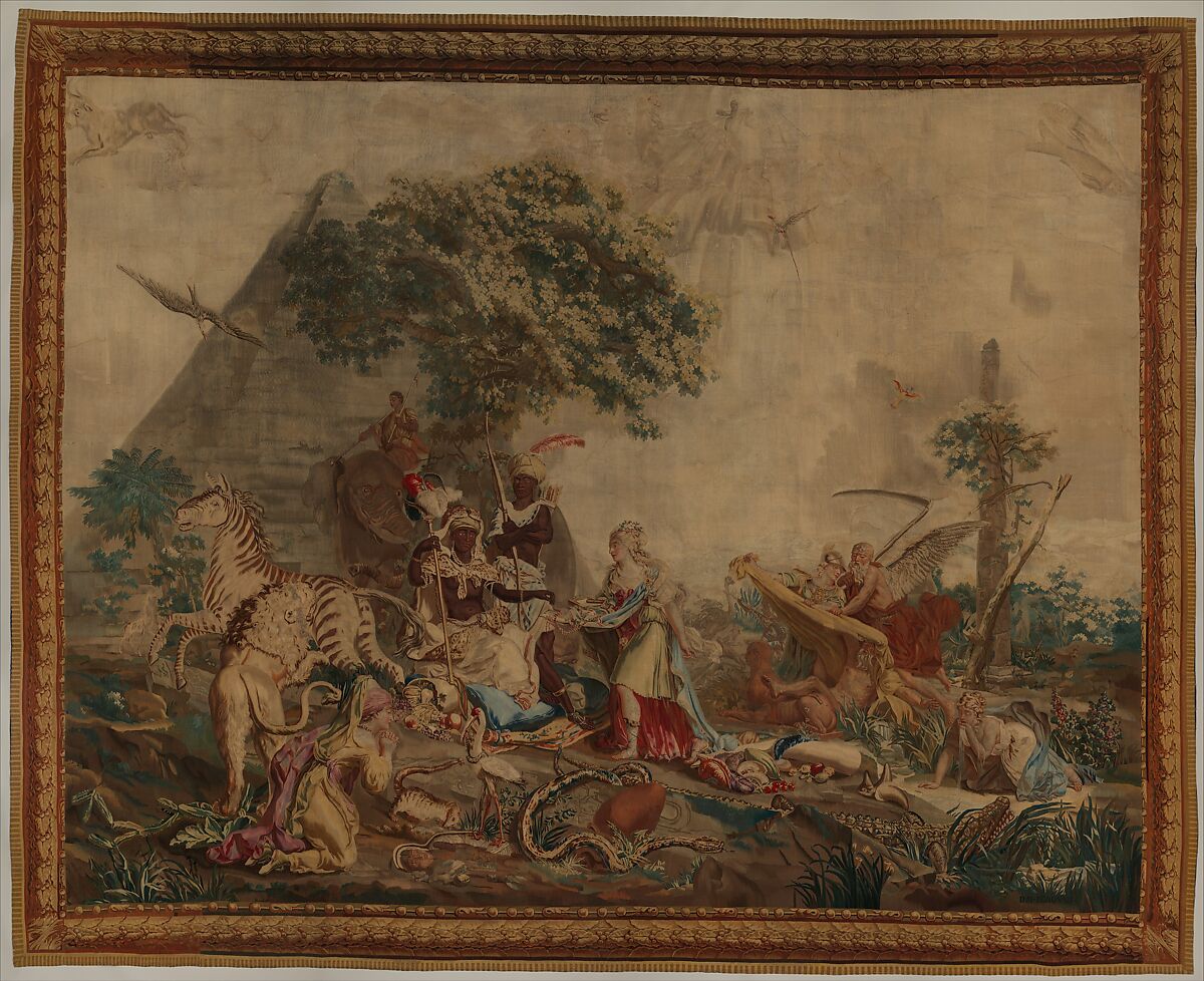 Africa from a set of The Four Continents, Jean Jacques François Le Barbier (French, Rouen 1738–1826 Paris), Wool, silk (19-21 warps per inch, 8 per cm.), French, Beauvais 
