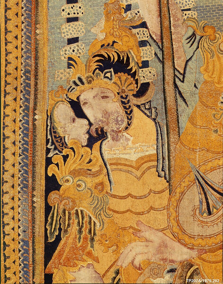 The Abduction of Helen from a set of The Story of Troy, Related to a woodcut by Bernard Salomon (French, ca. 1508–ca. 1561), Cotton, embroidered with silk and gilt-paper-wrapped thread, pigment, Chinese, Macao