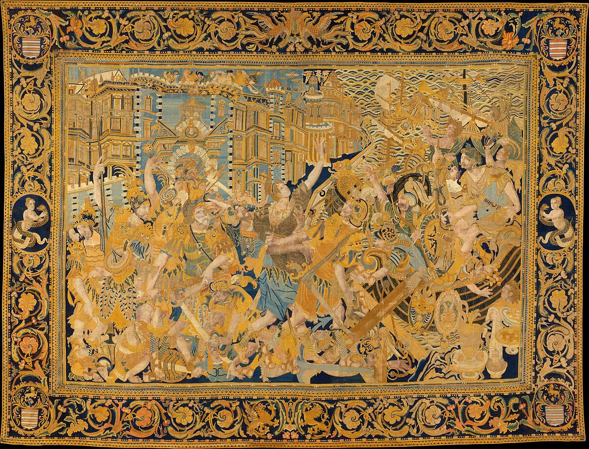 The Abduction of Helen from a set of The Story of Troy, Related to a woodcut by Bernard Salomon (French, ca. 1508–ca. 1561), Cotton, embroidered with silk and gilt-paper-wrapped thread, pigment, Chinese, Macao