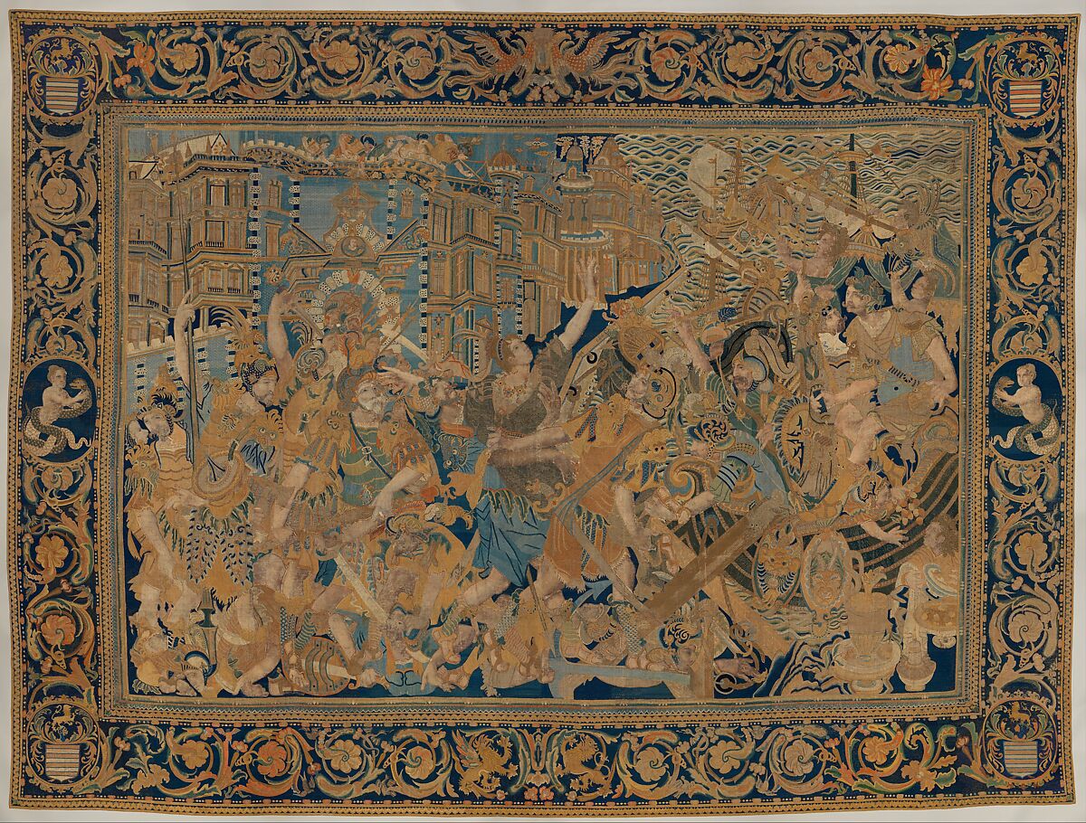 The Abduction of Helen from a set of The Story of Troy, Cotton, embroidered with silk and gilt-paper-wrapped thread, pigment, Chinese, Macao, for export market 