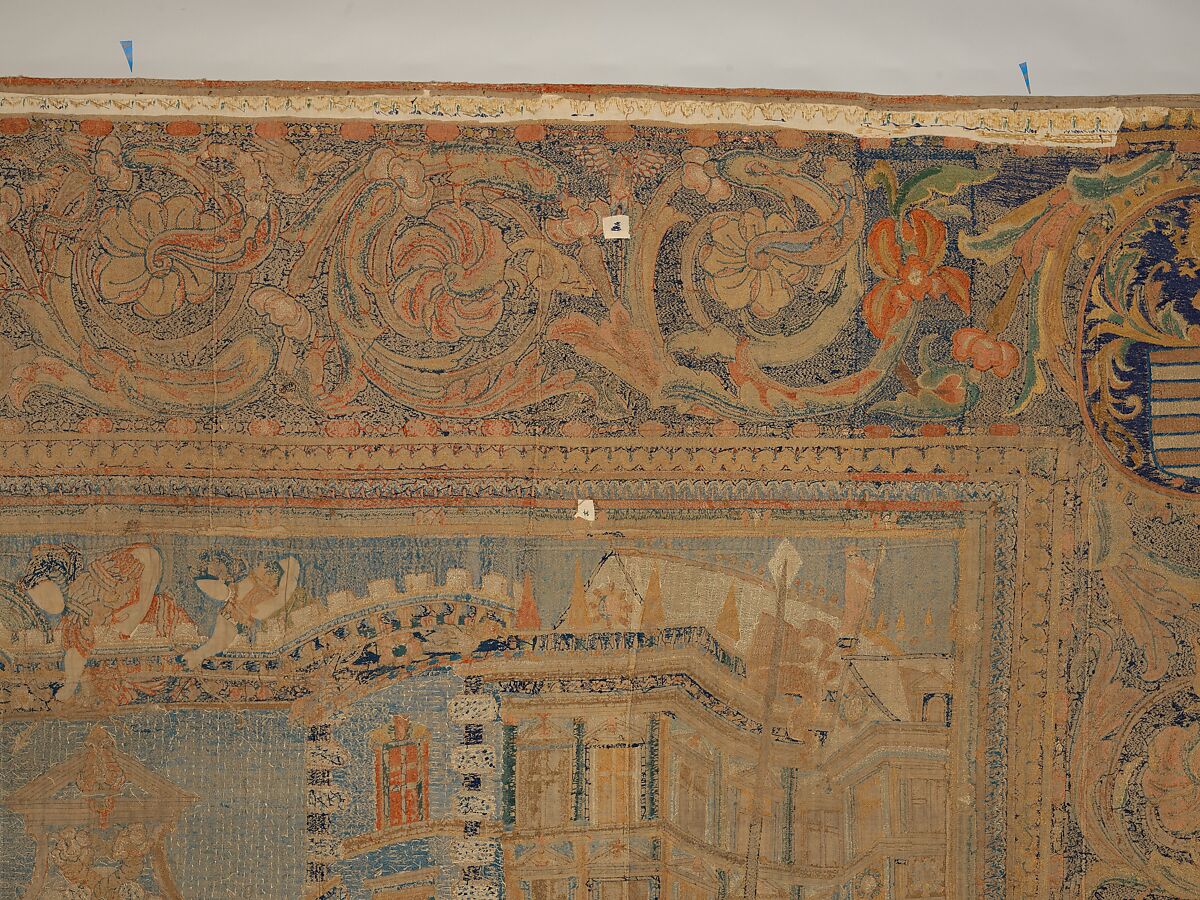 The Abduction of Helen from a set of The Story of Troy, Related to a woodcut by Bernard Salomon (French, ca. 1508–ca. 1561), Cotton, embroidered with silk and gilt-paper-wrapped thread, pigment, Chinese, Macao