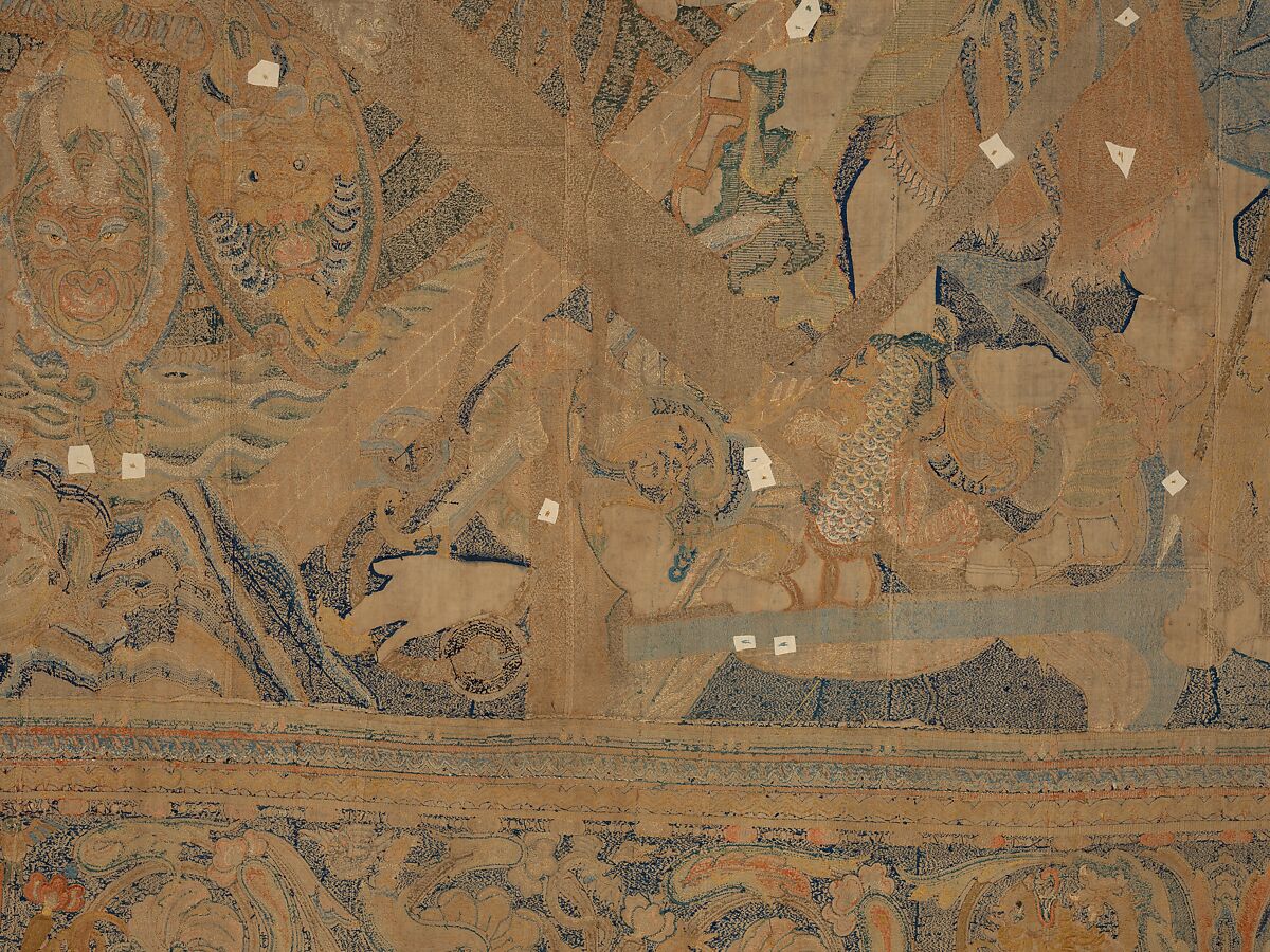 The Abduction of Helen from a set of The Story of Troy, Related to a woodcut by Bernard Salomon (French, ca. 1508–ca. 1561), Cotton, embroidered with silk and gilt-paper-wrapped thread, pigment, Chinese, Macao