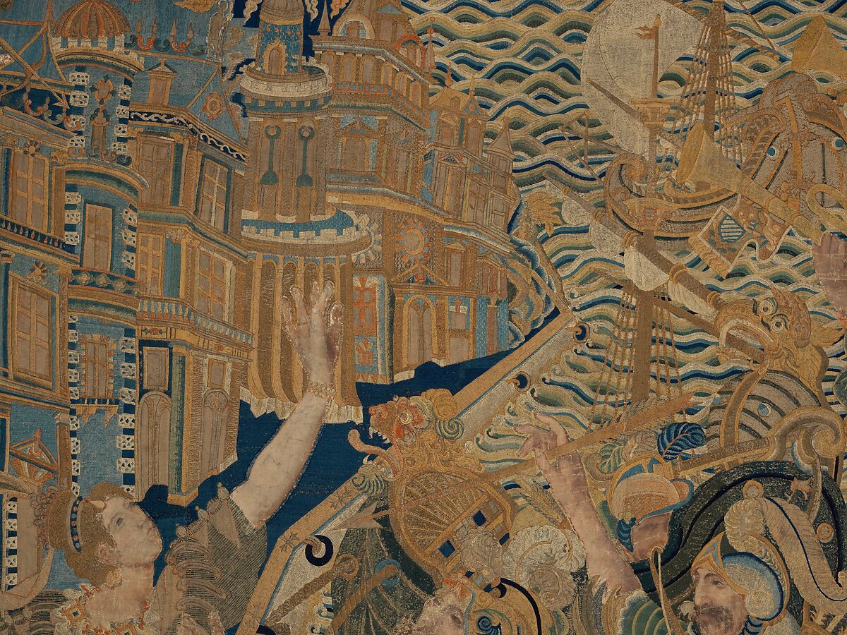 The Abduction of Helen from a set of The Story of Troy, Related to a woodcut by Bernard Salomon (French, ca. 1508–ca. 1561), Cotton, embroidered with silk and gilt-paper-wrapped thread, pigment, Chinese, Macao