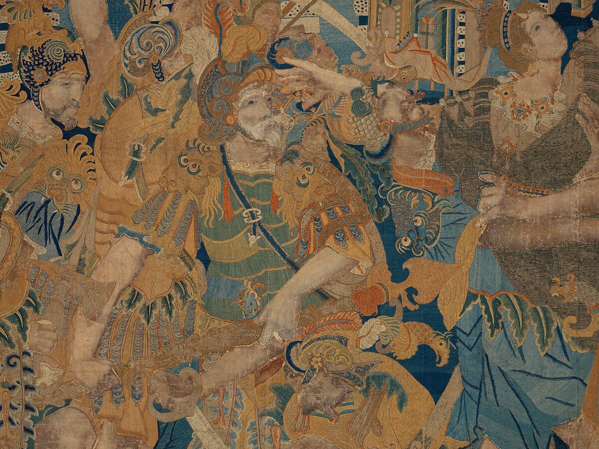 The Abduction of Helen from a set of The Story of Troy, Related to a woodcut by Bernard Salomon (French, ca. 1508–ca. 1561), Cotton, embroidered with silk and gilt-paper-wrapped thread, pigment, Chinese, Macao
