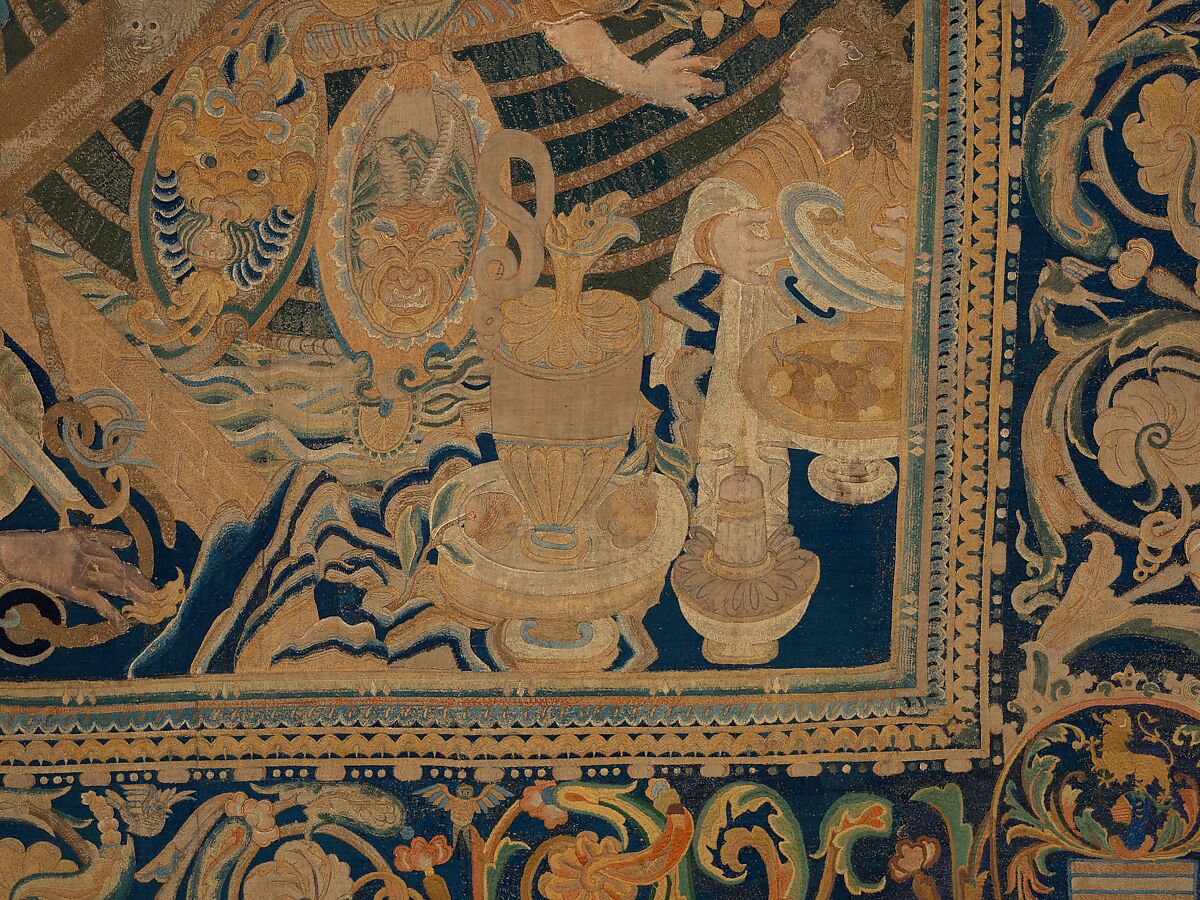 The Abduction of Helen from a set of The Story of Troy, Related to a woodcut by Bernard Salomon (French, ca. 1508–ca. 1561), Cotton, embroidered with silk and gilt-paper-wrapped thread, pigment, Chinese, Macao