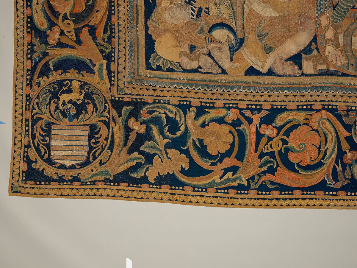 The Abduction of Helen from a set of The Story of Troy, Related to a woodcut by Bernard Salomon (French, ca. 1508–ca. 1561), Cotton, embroidered with silk and gilt-paper-wrapped thread, pigment, Chinese, Macao