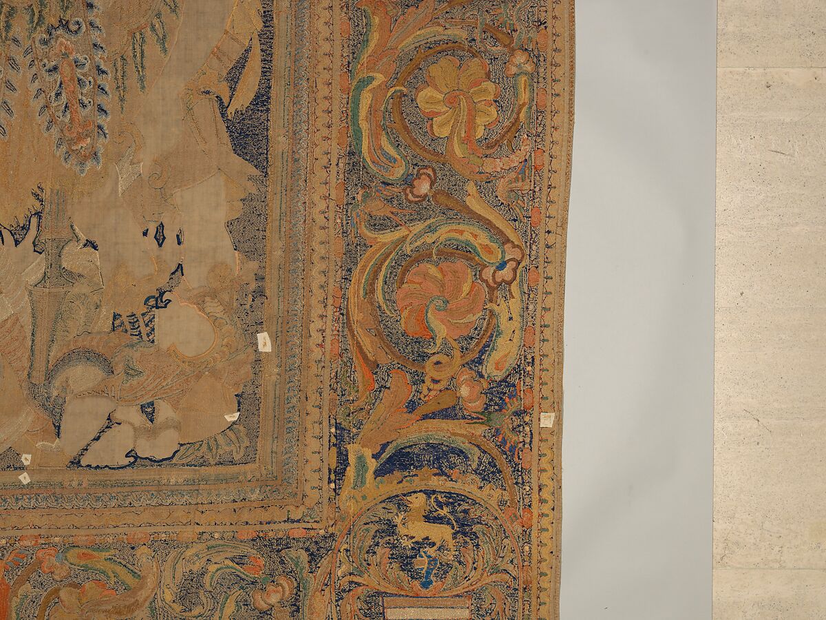 The Abduction of Helen from a set of The Story of Troy, Related to a woodcut by Bernard Salomon (French, ca. 1508–ca. 1561), Cotton, embroidered with silk and gilt-paper-wrapped thread, pigment, Chinese, Macao