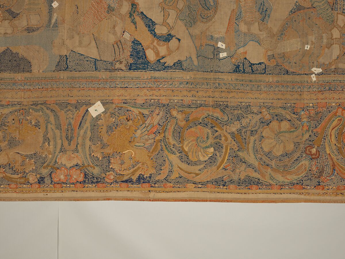 The Abduction of Helen from a set of The Story of Troy, Related to a woodcut by Bernard Salomon (French, ca. 1508–ca. 1561), Cotton, embroidered with silk and gilt-paper-wrapped thread, pigment, Chinese, Macao