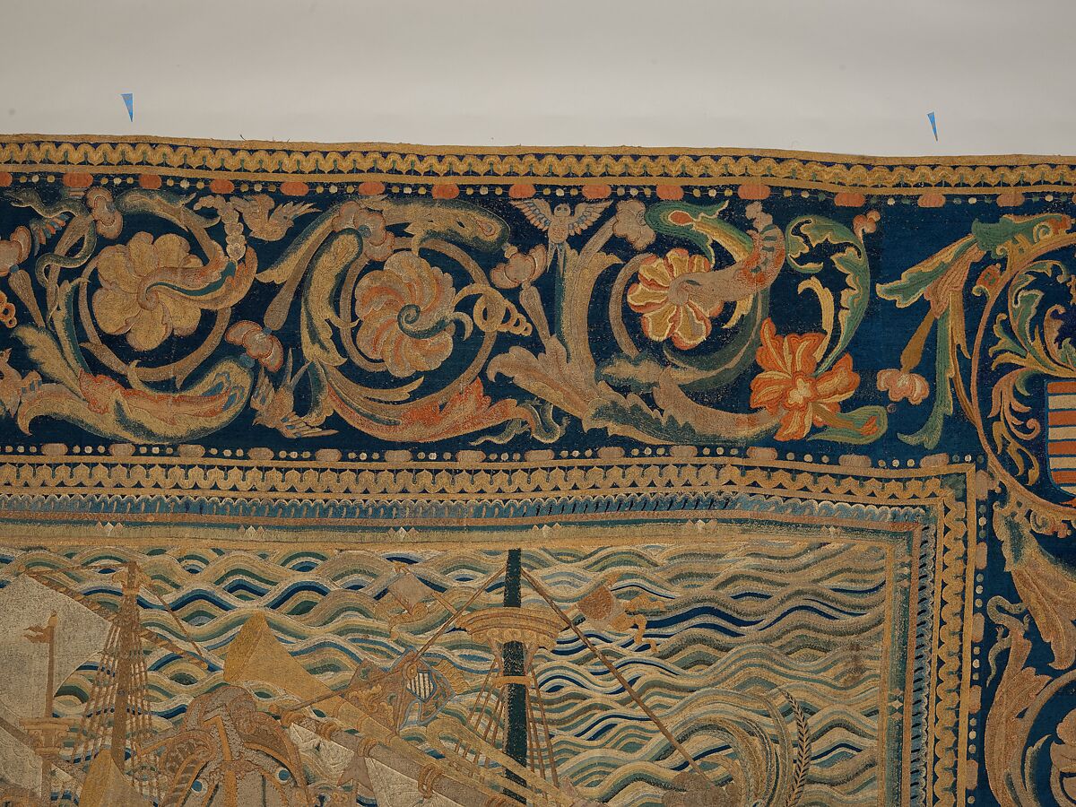 The Abduction of Helen from a set of The Story of Troy, Related to a woodcut by Bernard Salomon (French, ca. 1508–ca. 1561), Cotton, embroidered with silk and gilt-paper-wrapped thread, pigment, Chinese, Macao