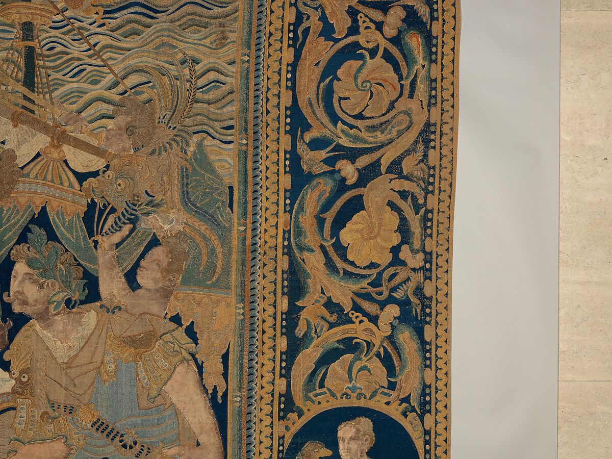 The Abduction of Helen from a set of The Story of Troy, Related to a woodcut by Bernard Salomon (French, ca. 1508–ca. 1561), Cotton, embroidered with silk and gilt-paper-wrapped thread, pigment, Chinese, Macao