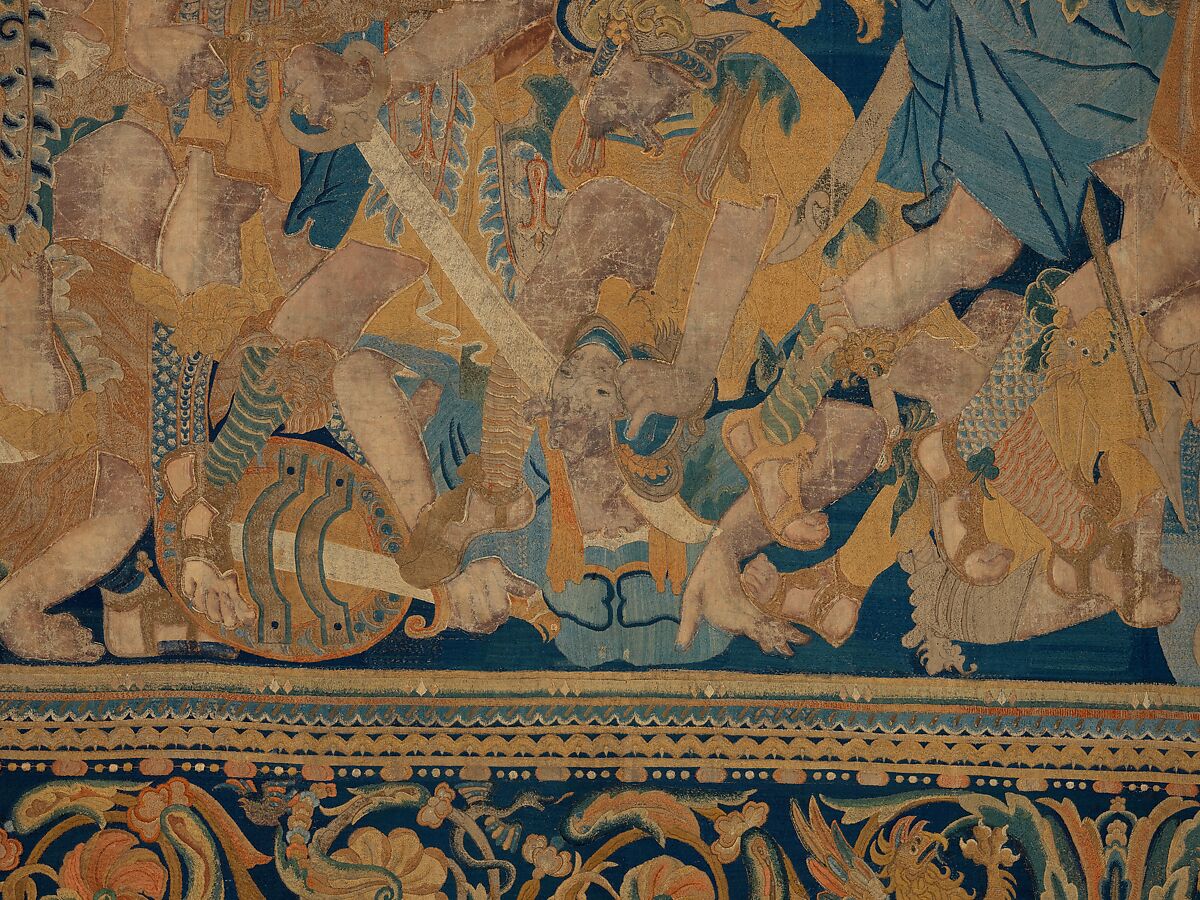 The Abduction of Helen from a set of The Story of Troy, Related to a woodcut by Bernard Salomon (French, ca. 1508–ca. 1561), Cotton, embroidered with silk and gilt-paper-wrapped thread, pigment, Chinese, Macao